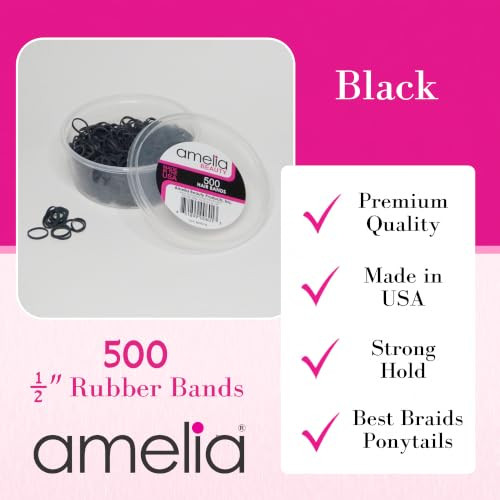 Amelia Beauty 500 Count Small Rubber Bands For Hair Half Black Made In Usa Recloseable Container Mini Hair Elastics For Braids Ponytails