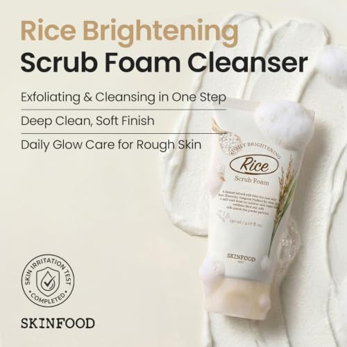 Skinfood Rice Daily Scrub Foam Facial Cleanser With Face Scrub Face Wash Fermented White Rice Bran Water Gentle Exfoliating For Men And