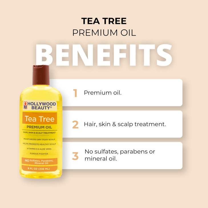 Hollywood Beauty Tea Tree Oil for Hair, Scalp, and Skin, 8 fl oz - Moisturizes Dry, Itchy Scalp, Blended with Vitamin E & Aloe