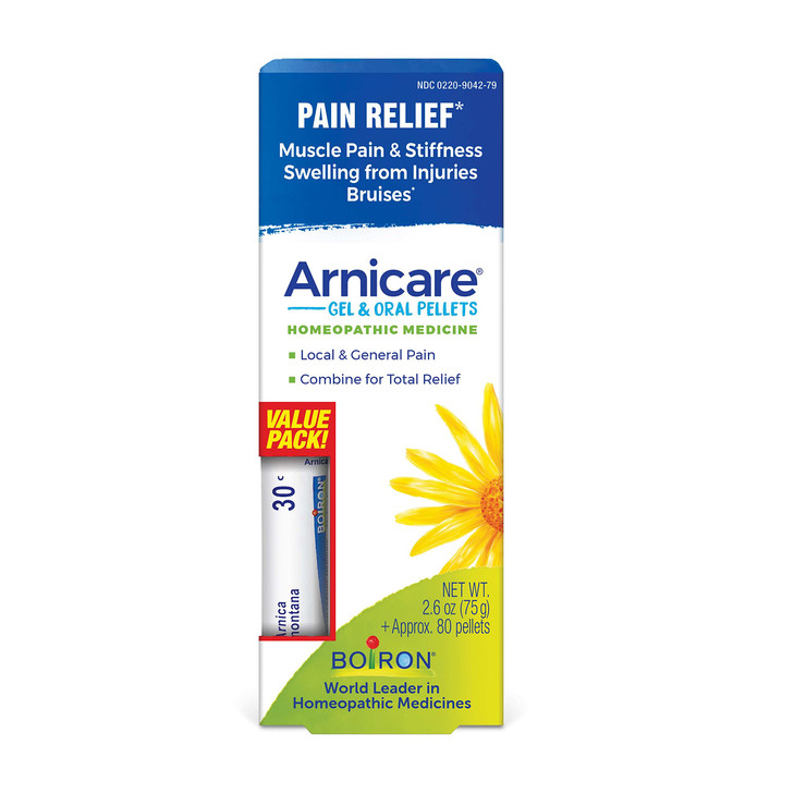 Boiron Arnicare Gel and Arnica 30c Value Pack for Pain Relief, Muscle Soreness, and Swelling from Bruising or Injury - 2.6 oz + 80 Pellet Tube