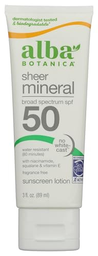 Alba Botanica Mineral Sunscreen Lotion SPF 50, Broad Spectrum, Fragrance Free, 3 Fl Oz (Packaging May Vary)