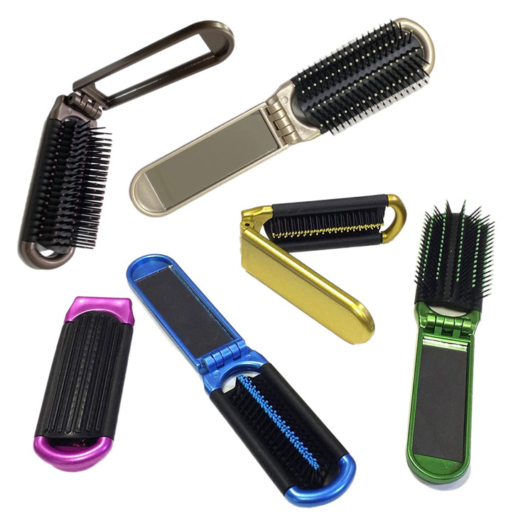 Alazco 2 Assorted Colors Folding Hair Brush With Mirror Compact Pocket Size Travel Car Gym Bag Purse Locker Swimming Camping Sleepover Gift