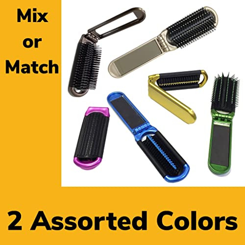 Alazco 2 Assorted Colors Folding Hair Brush With Mirror Compact Pocket Size Travel Car Gym Bag Purse Locker Swimming Camping Sleepover Gift