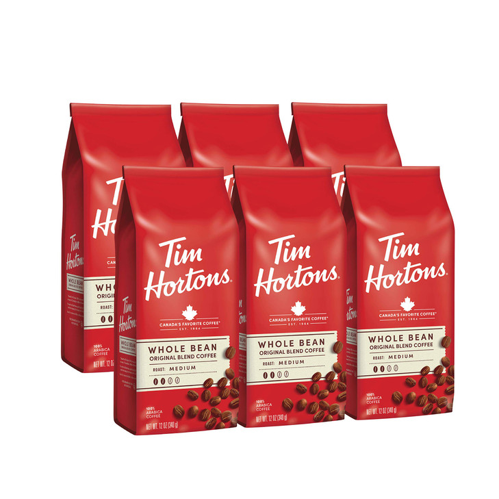 Tim Hortons Whole Bean Original Medium Roast Coffee Made With 100 Percent Arabica Beans 12 Ounce Bag 6 Pack