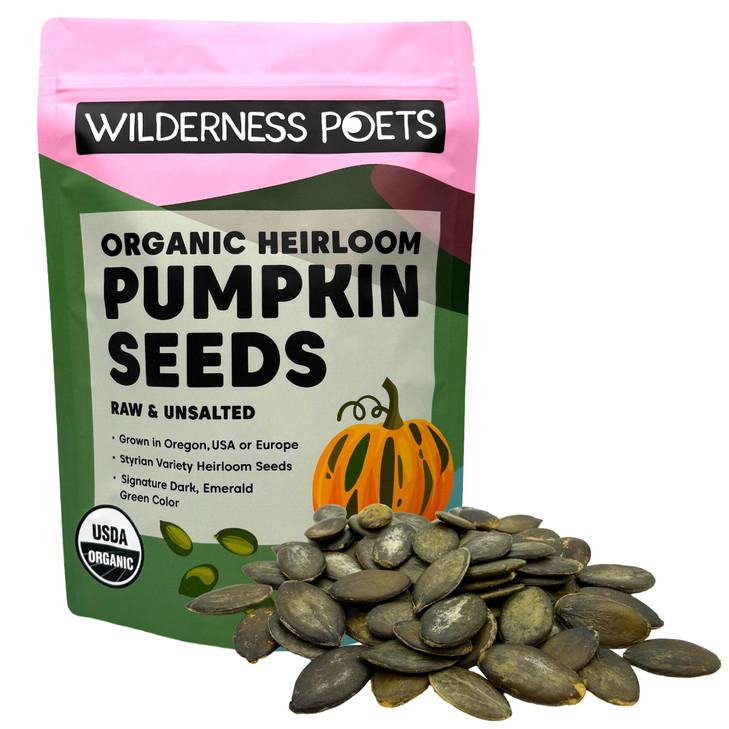 Wilderness Poets Organic Heirloom Pumpkin Seeds Styrian Variety No Shells Naturally Hulless.