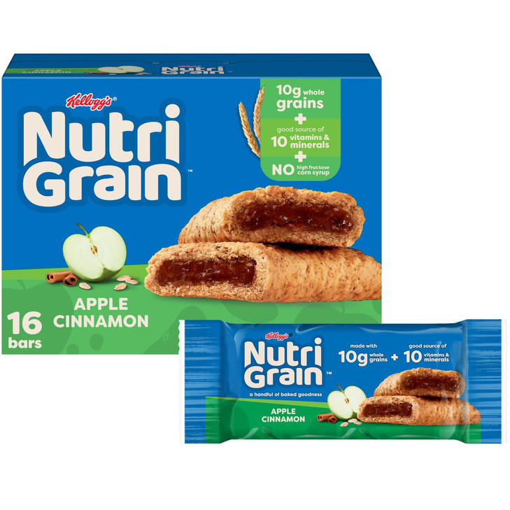 Nutri Grain Breakfast Bars Made With 10G Whole Grains Kids Snacks Apple Cinnamon 20.8Oz Box 16 Bars