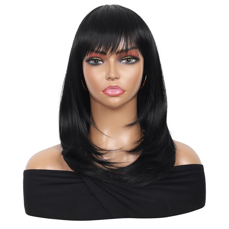 Black 18 Inch Medium Long Wig With Bangs Layered Natural Wave For Women