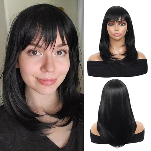 Black 18 Inch Medium Long Wig With Bangs Layered Natural Wave For Women