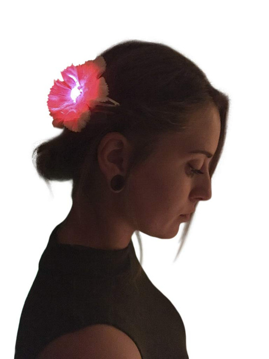 Light-Up LARGE Hair Flower Clip that Glows Rainbow, Multicolor Carnation for Hair Accessory: CR1220-Powered, IEC-Approved Design