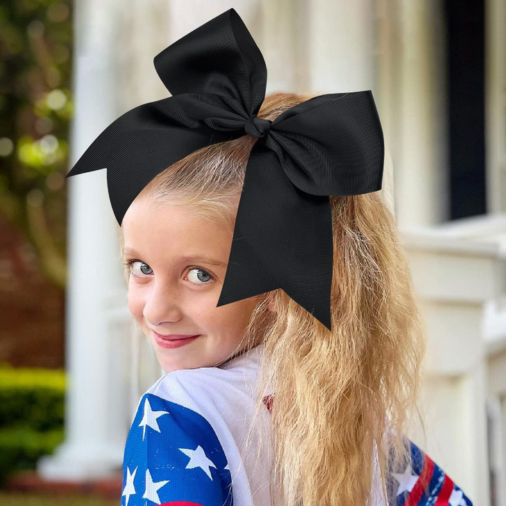 12 Pcs Large Cheer Bows 8" Bulk Hair Bow Accessories with Ponytail Holder for Girls High School College Cheerleading Black/white(12pcs)
