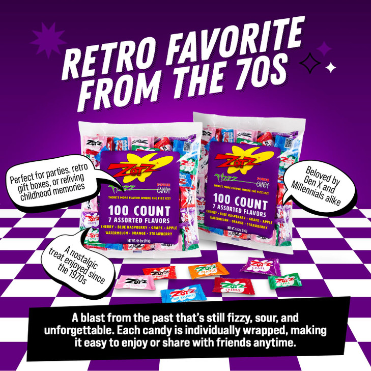 Zotz Fizzy Sour Candy Bulk Retro Italian Hard Candy Individually Wrapped Classic Nostalgic 7 Assorted Flavors Cherry Watermelon Blue