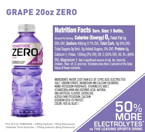 Powerade Zero Sugar Sports Drink Grape Electrolytes 20 Oz 8 Pk