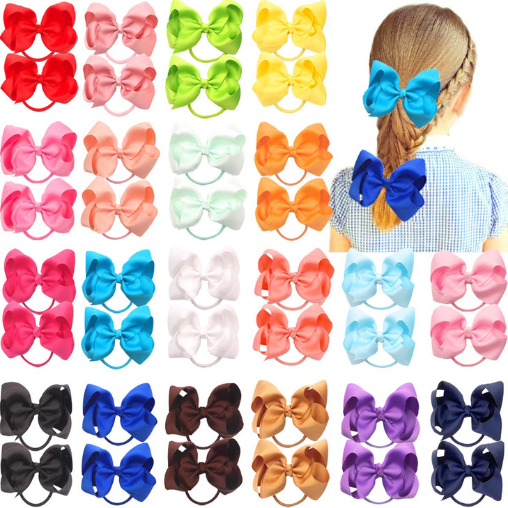 Céllot 40Pcs 4.5 Inches Boutique Pops Hair Bows Elastic Hair Ties Grosgrain Ribbon Big Cheer Bow Ponytail Holder Rubber Hair Bands For Baby