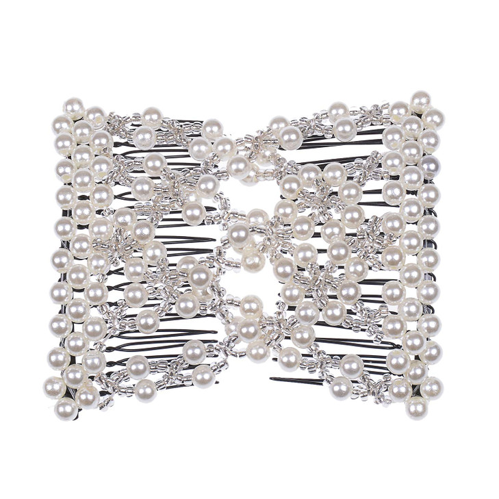 Ruihfas Delicate Women Girls Easy Stretch Pearls Combs Beaded Hair Comb Jewelry Double Clips White
