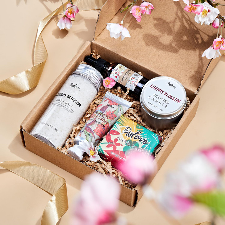 BFFLOVE Gift Set for Women - 5pcs Cherry Blossom Spa Gifts for Women, Birthday, Anniversary, Mother's Day Gifts for Her with Massage Oil, Scented Can