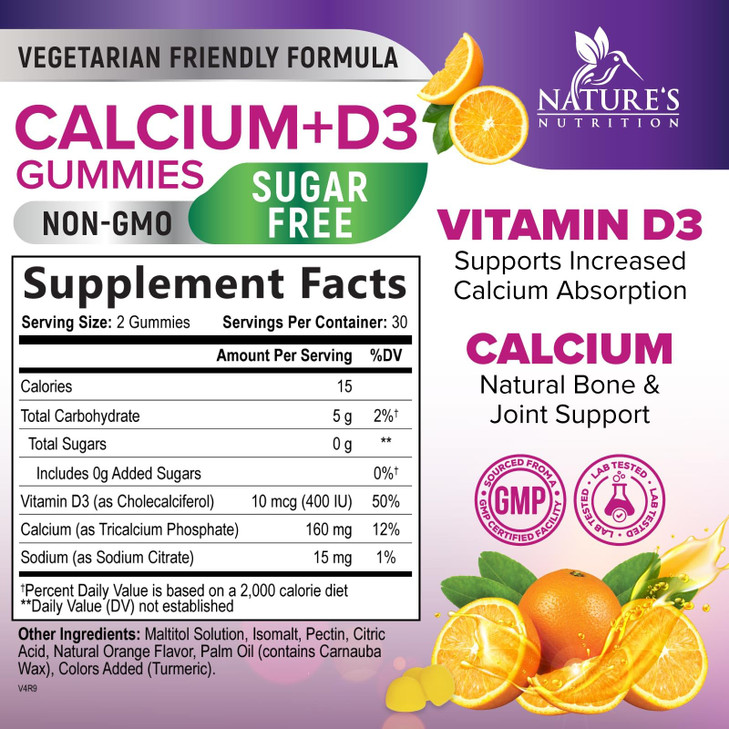 Calcium Supplement Gummies - Sugar Free Calcium Gummy with 400 IU Vitamin D3 for Best Absorption - Supports Immune Health, Bones & Teeth - Nature's C