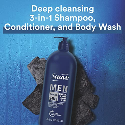 Suave Men 3 in 1 Shampoo Conditioner Bodywash Men's Body Wash, Shampoo, Conditioner Charcoal Warm, Stimulating Scent 40 oz