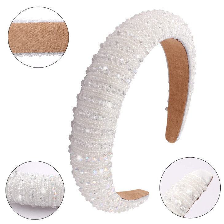 Wecoe White Rhinestone Headband - Padded Fancy Bling Diamond Sparkle Crystal Beaded Hair Accessory for Women, Girls, Birthday Gifts