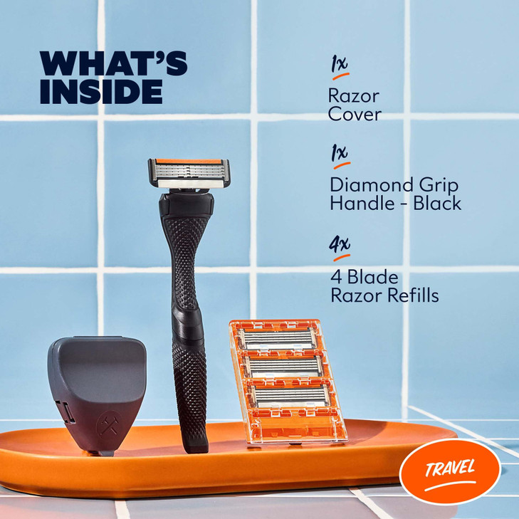 Dollar Shave Club | Travel Shave Set | 4 Swift Rinse Refill Cartridges, 1 Handle (Black), 1 Razor Cover