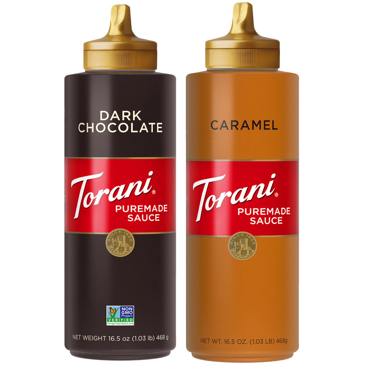 Torani Puremade Caramel And Dark Chocolate Sauce Variety 2 Pack For Desserts And Coffee Drinks 16.5 Oz Ea