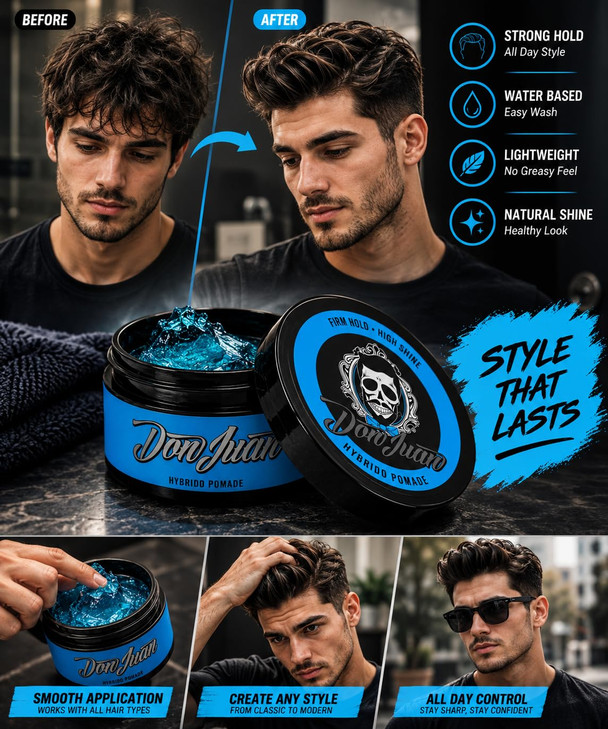 Don Juan Hybrido Pomade Water Based Strong Hold High Shine Natural Plant Extracts And Ocean Minerals Summer Sea Breeze Scent 4 Oz
