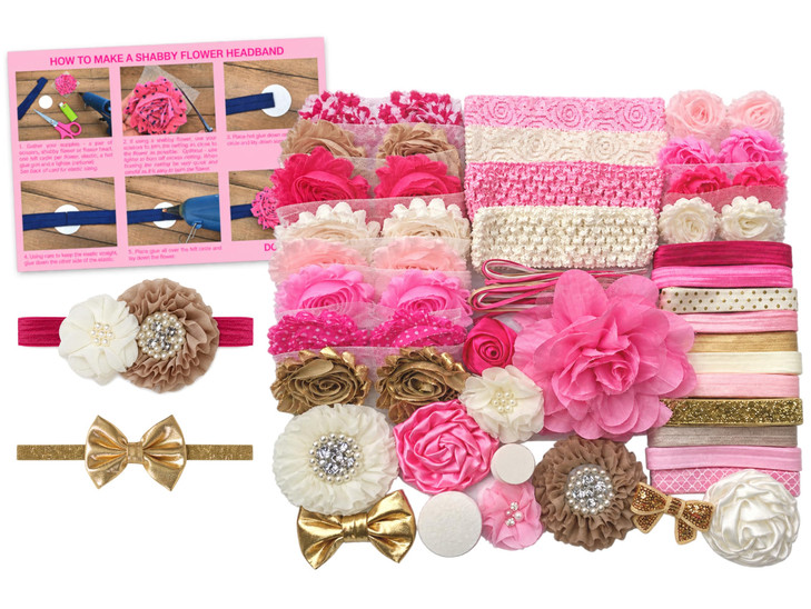 Bowtique Emilee Pink And Gold Hairband Kit Makes Over 30 Headbands Baby Shower Headband Station Diy Headband Kit Includes 50 60 Pieces For