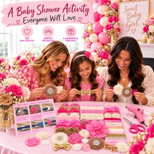 Bowtique Emilee Pink And Gold Hairband Kit Makes Over 30 Headbands Baby Shower Headband Station Diy Headband Kit Includes 50 60 Pieces For