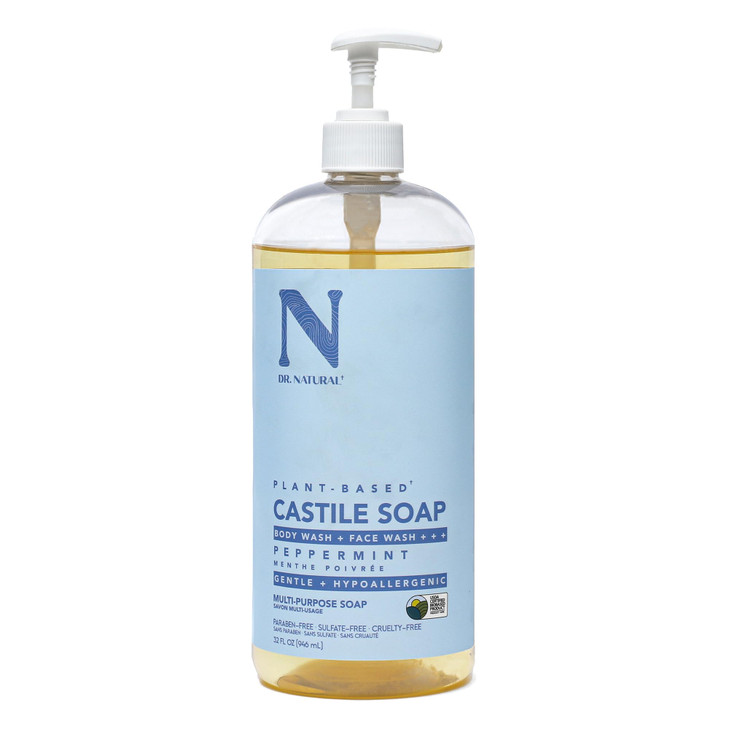 Dr. Natural Castile Liquid Soap Peppermint 32 Oz Plant Based Made With Organic Shea Butter Rich In Coconut And Olive Oils Sulfate And