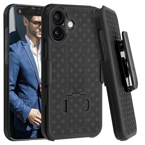 Fingic for iPhone 16 Plus Case with Belt Clip Holster Case Slim Combo Shell with Kickstand Swivel Holster Rugged Shockproof Antiscratch Fullbody Prot