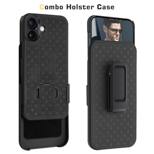 Fingic for iPhone 16 Plus Case with Belt Clip Holster Case Slim Combo Shell with Kickstand Swivel Holster Rugged Shockproof Antiscratch Fullbody Prot