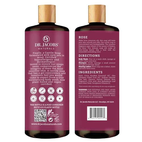 Dr. Jacobs Naturals Pure Castile Soap Liquid Body Wash Rose Plant Based Body Soap Infused With Vitamin E And Aloe Vera To Moisturize Dry And