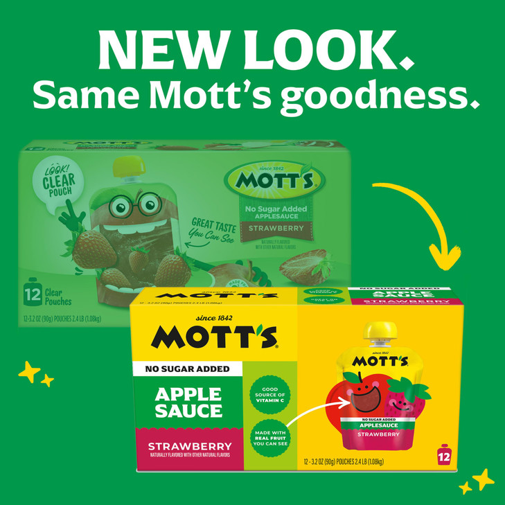 Mott S No Sugar Added Strawberry Applesauce 3.2 Oz Clear Pouches 12 Count