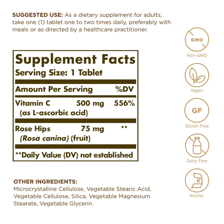 Solgar, Vitamin C 500 Mg with Rose Hips Tablets, 100 Count
