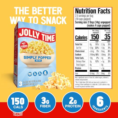 Jolly Time Simply Popped Lightly Salted Microwave Popcorn 3Oz Sharing Bag 3 Bags Per Carton Simply Popped Butter 3 Ounce Pack Of 12