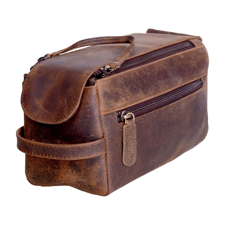 Komalc Buffalo Leather Toiletry Bag For Men And Women Travel Pouch