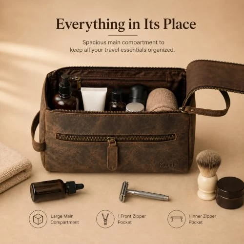 Komalc Buffalo Leather Toiletry Bag For Men And Women Travel Pouch