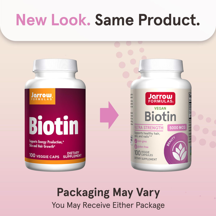 Jarrow Formulas® Biotin Ultra Strength 5000 mcg, Dietary Supplement, Hair, Skin, and Nails Support, 100 Veggie Capsules, Up to 100 Day Supply
