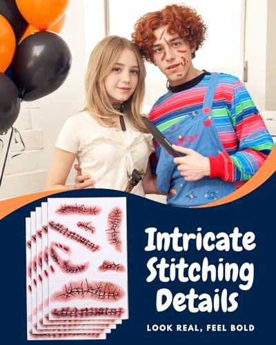 Tinuos Horror Realistic Fake Bloody Wound Stitch Scar Scab Waterproof Temporary Tattoo Sticker Halloween Masquerade Prank Makeup Props 5Pc
