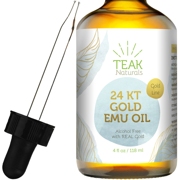 Teak Naturals 24K Gold Emu Oil Organic Australian Emu Oil 4 Oz Gold Line Series Skin Moisturizer For Dry Skin Hair Treatment Reduces