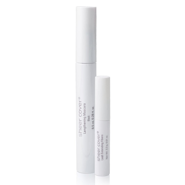 Sheer Cover Volumizing Mascara And Lengthening Fibers Duo Lengthening Black Mascara Lash Extending Fibers 8.5 Milliliters