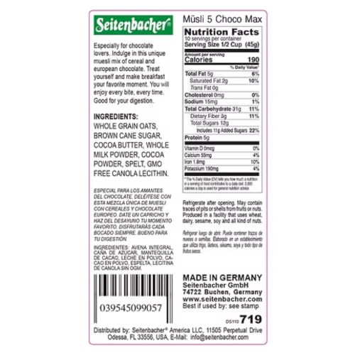 Seitenbacher Natural Cereal Muesli 5 Choco Max 16 Oz Chocolate Muesli Breakfast Cereal European Style Musli For Milk Or Yogurt Pack Of 3