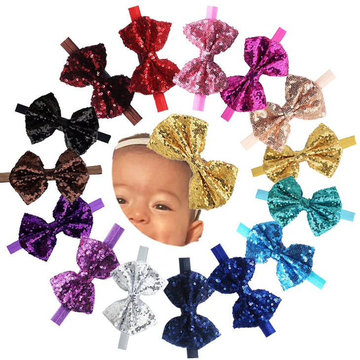 15Pcs Baby Girls Headbands 4Inches Big Boutique Sequin Hair Bows Headband