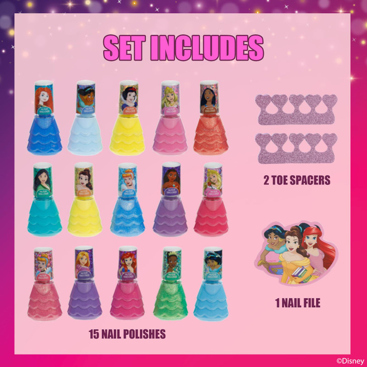 Disney Princess Nail Polish Set 15 Piece Peel Off With Toe Spacers