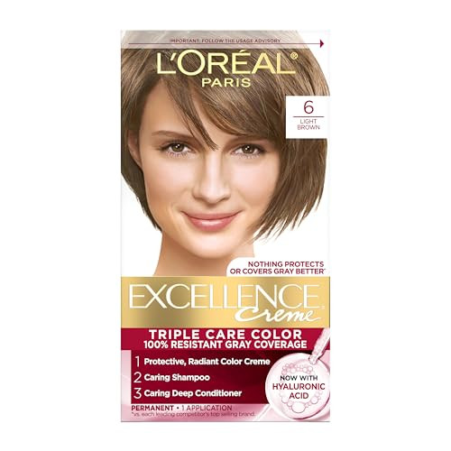 L'Oreal Paris Excellence Crème Permanent Hair Dye, Triple Care Hair Color with Hyaluronic Acid for 100% Gray Coverage, 6 Light Brown, 1 Kit (Packagin