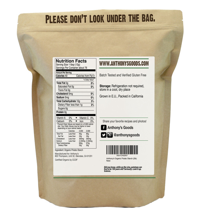 Anthony S Organic Potato Starch Unmodified 2 Lb Gluten Free And Non Gmo Resistant Starch