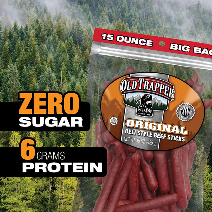 Old Trapper Original Deli Style Beef Sticks 15 Ounce Package Perfect For On The Go Snacking Six Grams Of Protein And Zero Grams Of Sugar Per