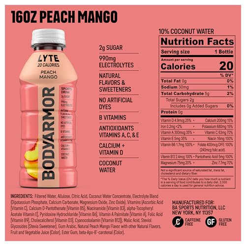 Bodyarmor Lyte Sports Drink Peach Mango Electrolyte Drink 16 Oz 12 Pk