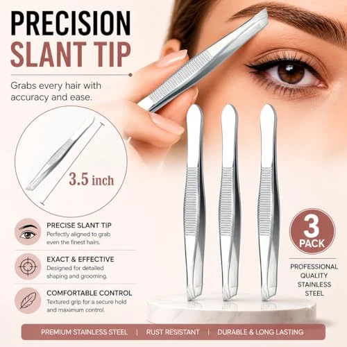 Luxxii Precision Slant Tip Tweezers Set 3 Pack Stainless Steel Eyebrow Tweezers For Facial Hair Ingrown Hair And Fine Hair Removal