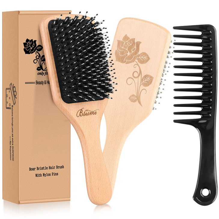 Bsisme Boar Bristle Hair Brush Professional Detangling Brush For Women Men Kids Anti Static Paddle Hairbrush Suitable For Thick Curly