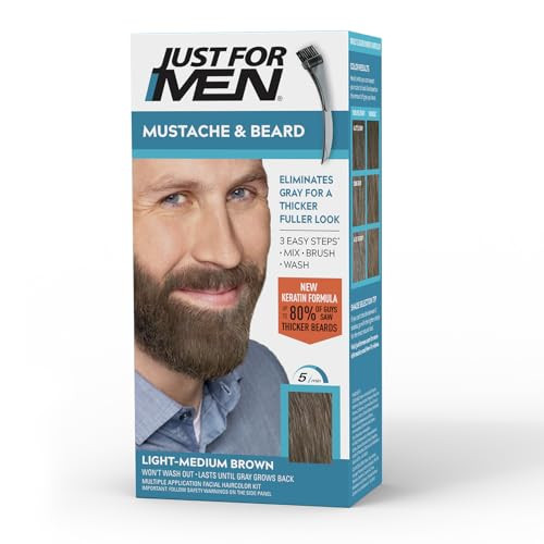 Just For Men Mustache & Beard, Beard Coloring for Gray Hair with Brush, with Keratin Biotin Aloe and Coconut Oil for Healthy Facial Hair - Light-Medi